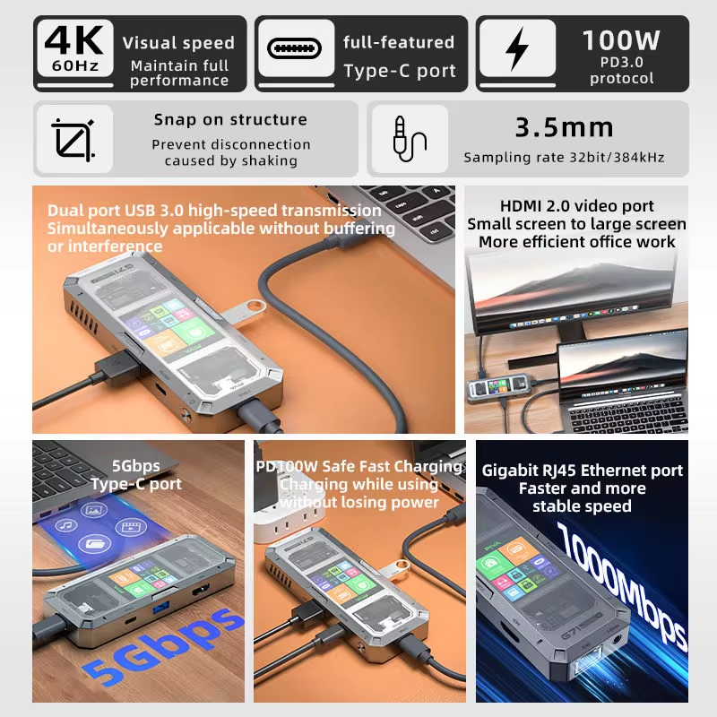 وصله ادابتر G71 من بيفا 7 منافذ بشاشه معلومات وكيبل قابل للتغيير PIVA G71 7 in 1